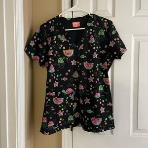 Colorful Jellyfish and Watermelon Print Scrub Top